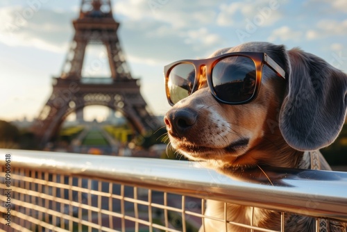 Adorable dog in sunglasses playing tennis with Eiffel Tower view photo