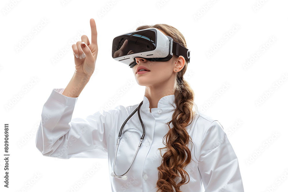female doctor looking up and pointing with finger while using VR glasses on isolated transparent background female doctor looking up and pointing with finger while using VR glasses on isolated transparent background