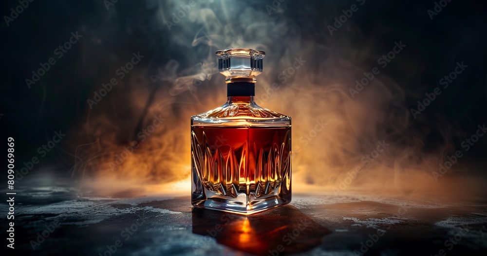 A beautiful glass bottle of liquor isolated. Noble glass bottle with a cubic and round shape in a product presentation style. A beautiful glass bottle of liquor isolated. Noble glass bottle with a cubic and round shape in a product presentation style.