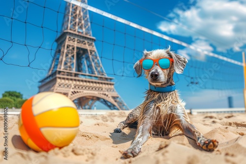 Grace. Adorable silver color Weinerman dog play in beach volleyball on summer vacation with modern sunglasses. Eiffel tower view.  photo