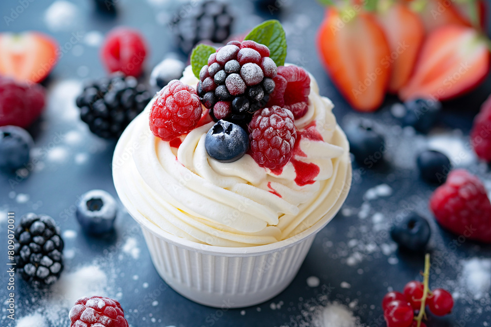 Delectable vanilla cupcake topped with fresh berries and a mint leaf, perfect for summer picnics and 4th of July celebrations, on a dark slate background Delectable vanilla cupcake topped with fresh berries and a mint leaf, perfect for summer picnics and 4th of July celebrations, on a dark slate background