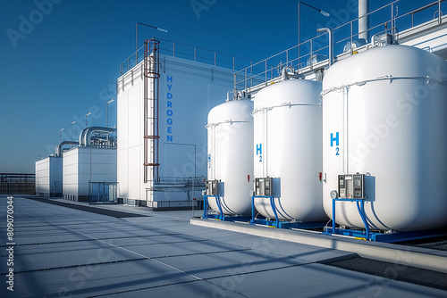 White industrial storage tanks in the Hydrogen fuel plant. H2 sign.