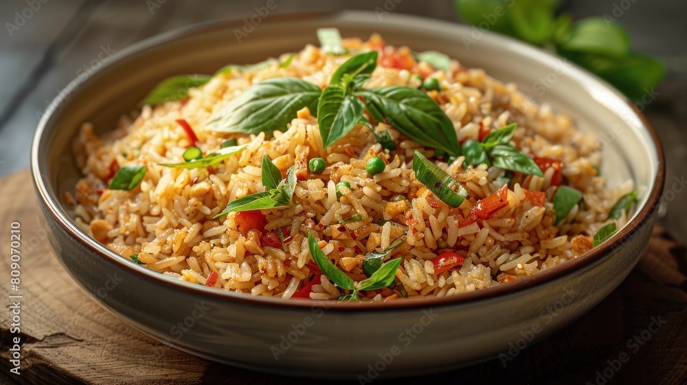 Appetizing Stir Fried Rice Dish with Fresh Vegetables and Aromatic Herbs