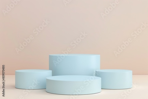 Four Round Podiums for Cosmetic, Soap, Items Presentation. Abstract Minimal Geometric Pedestal. Cylinder Forms, Soft Shadow. Product Object Show Scene. Showcase, Display Case. Beige Stand Backdrop Ad