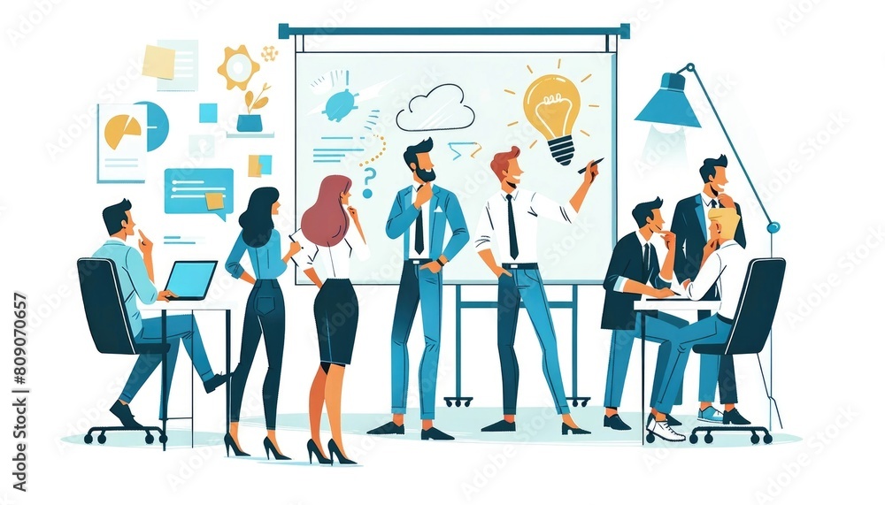 Simple vector illustration of professional men and women brainstorming, with a white board behind them. Simple vector illustration of professional men and women brainstorming, with a white board behind them.