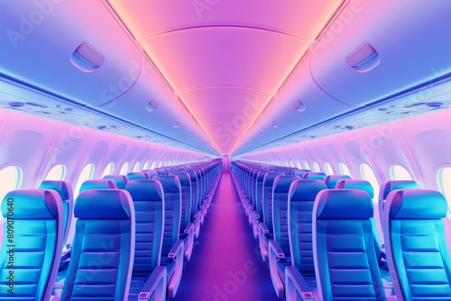 The inside of an airplane is decorated with a bright blue color scheme