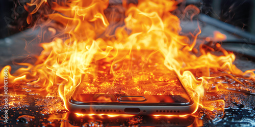 Burning smartphone exploding after overcharging battery with flames and smoke that destroy the melting smart phone. Mobile phone explosion and fire due to overheating. photo