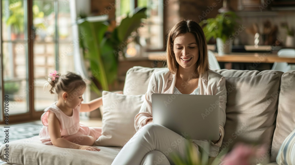 Businesswoman Mom Working On Her Laptop In Her Home With Her Daughter Businesswoman Mom Working On Her Laptop In Her Home With Her Daughter