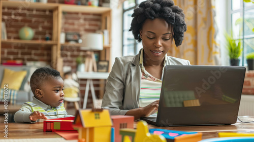 Black Businesswoman Mom Working On Her Laptop In Her Home With Her Son