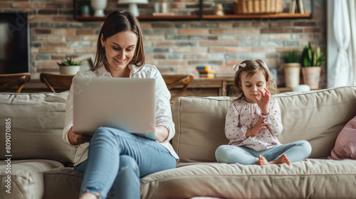 Businesswoman Mom Working On Her Laptop In Her Home With Her Daughter