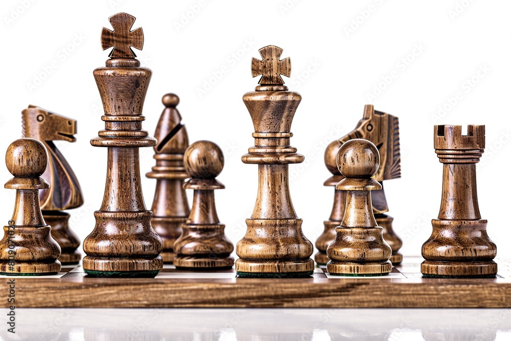Chess pieces on chessboard on white background Chess pieces on chessboard on white background