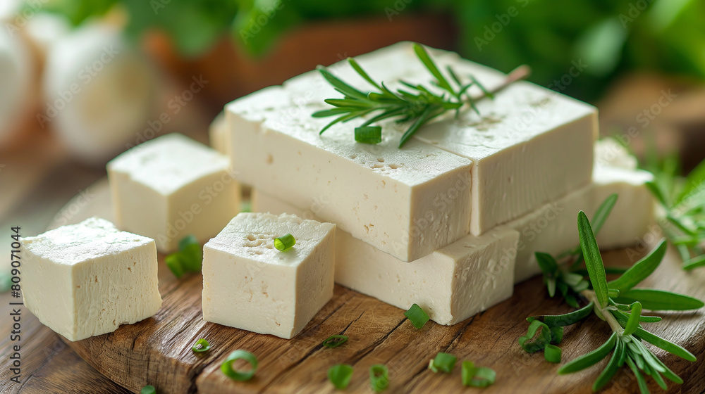 A block of white cheese with a green herb on top