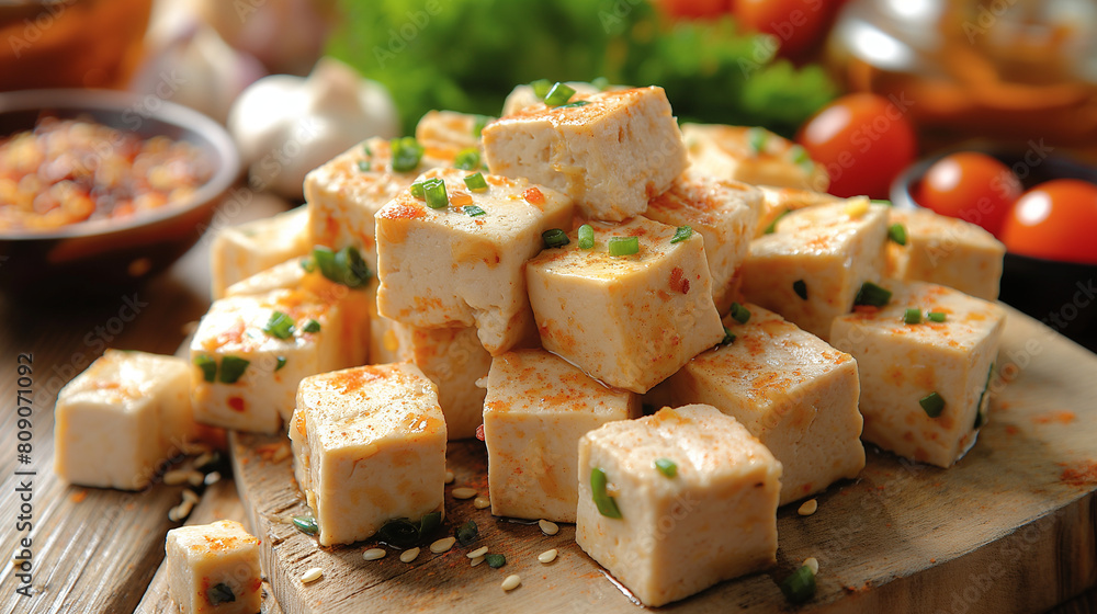 A pile of tofu with green onions and peppers on a wooden cutting board