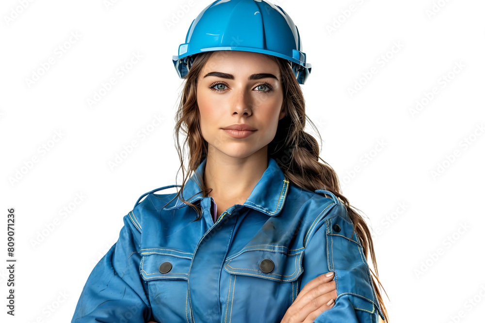 Pretty young cross-armed female engineer in blue workwear and safety helmet on isolated transparent background Pretty young cross-armed female engineer in blue workwear and safety helmet on isolated transparent background