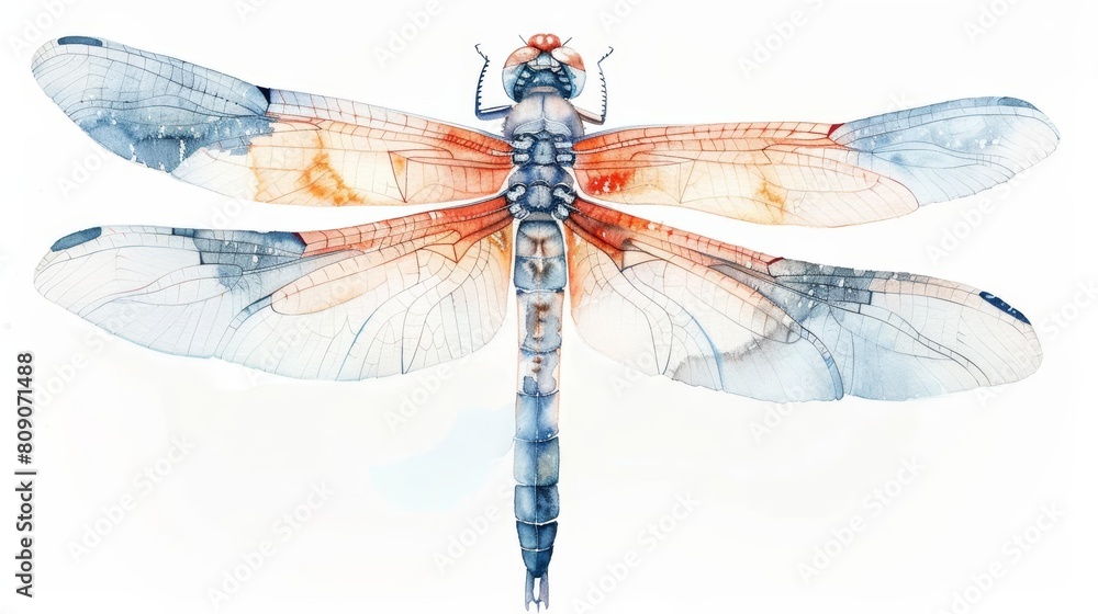A fantastic watercolor of a dragonfly, showcasing its delicate wings, isolated with a white background A fantastic watercolor of a dragonfly, showcasing its delicate wings, isolated with a white background