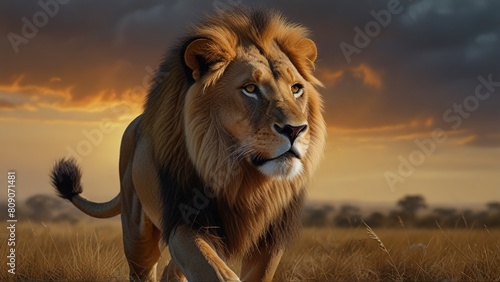Majestic Lion Sprinting  Breathtaking Oil Painting of Savanna Scene.
