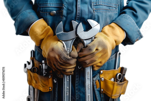 Portrait of a young mechanic holding a wrench on isolated transparent background
