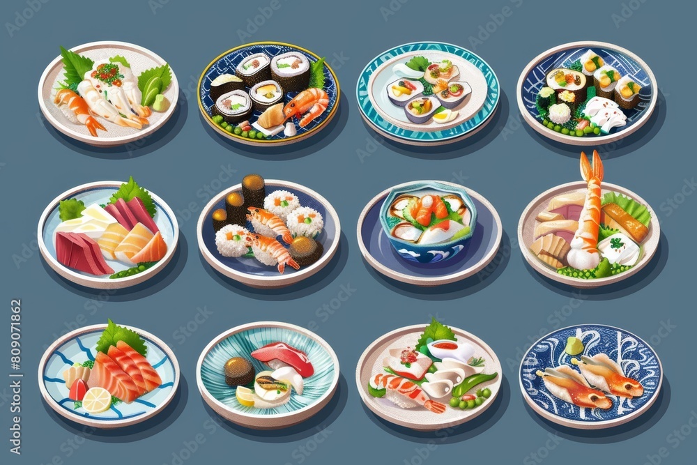 A kawaii isometric set of seafood dishes, each plate arranged to resemble ocean waves, model isolated on solid background A kawaii isometric set of seafood dishes, each plate arranged to resemble ocean waves, model isolated on solid background