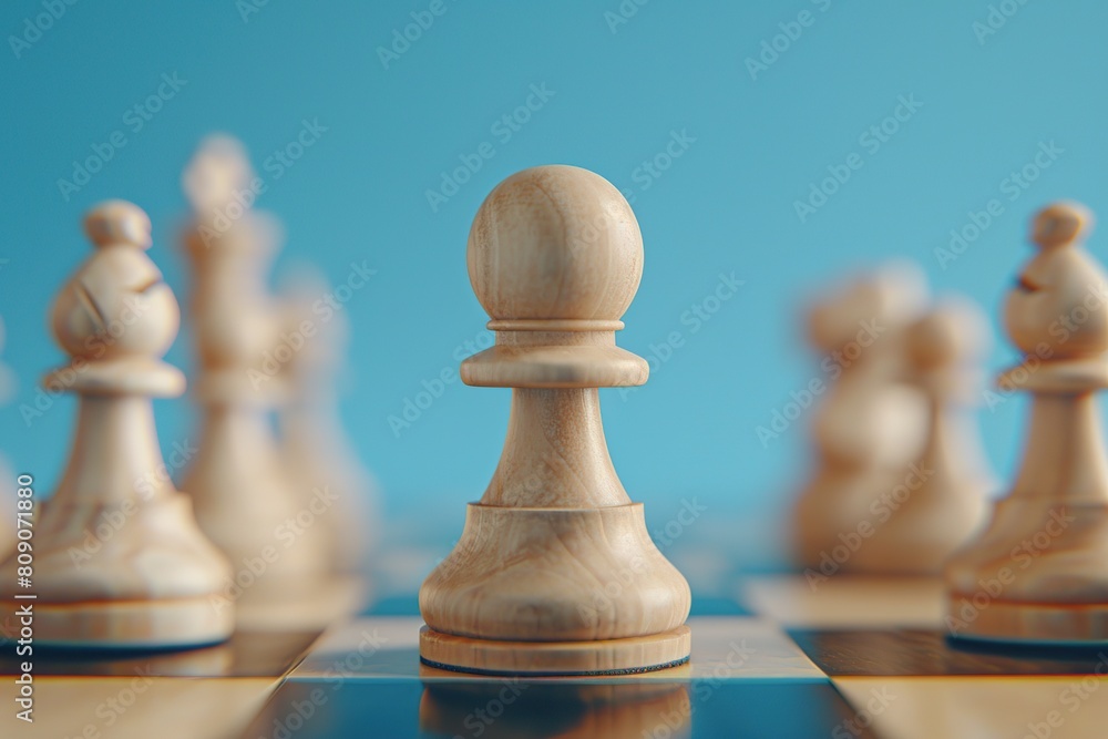 Chess pawn on chessboard on blue background Chess pawn on chessboard on blue background
