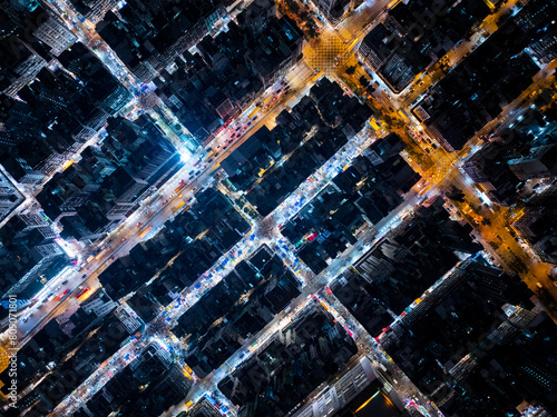 Canvas Print Top down view of compact building block in Hong Kong city at night