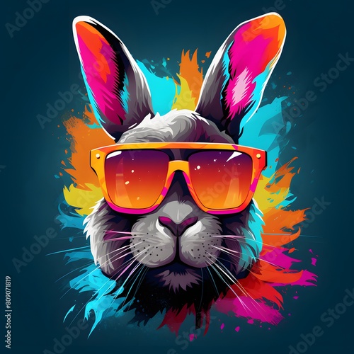 Cool bunny with sunglasses on colorful background. Generative AI. © Studicon