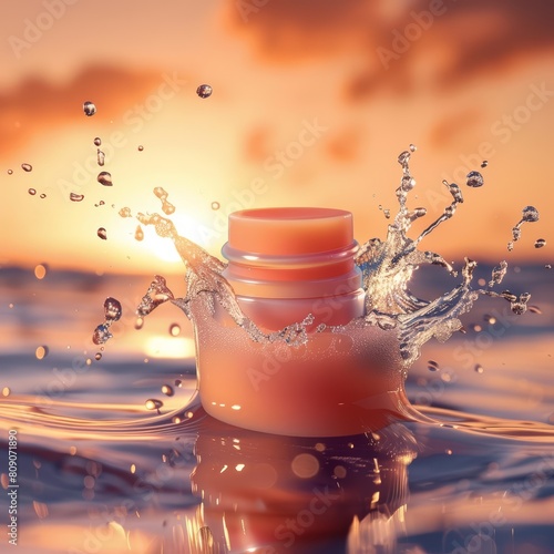 A lip balm in a water splash for a cosmetic ad on a bokeh background magically blurs the lines between everyday makeup and luxurious care