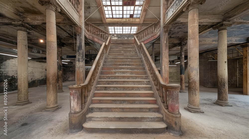 Obraz premium Weathered staircase in a derelict industrial building with vintage columns