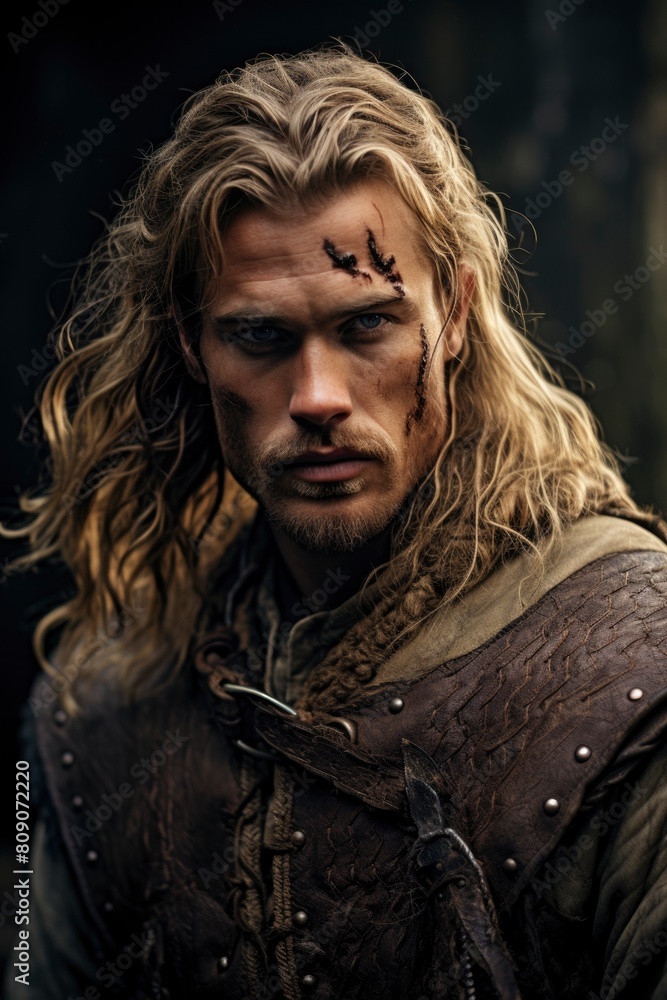 Intense Medieval Warrior with Battle-Scarred Face and Blonde Hair Intense Medieval Warrior with Battle-Scarred Face and Blonde Hair