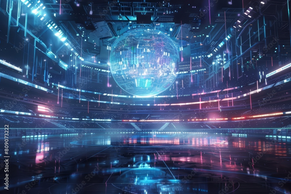 Charismatic concept of a sports arena where holograms compete in hitech styles, sharpen cinematic look