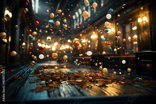Falling confetti in the interior of a restaurant. 3d rendering