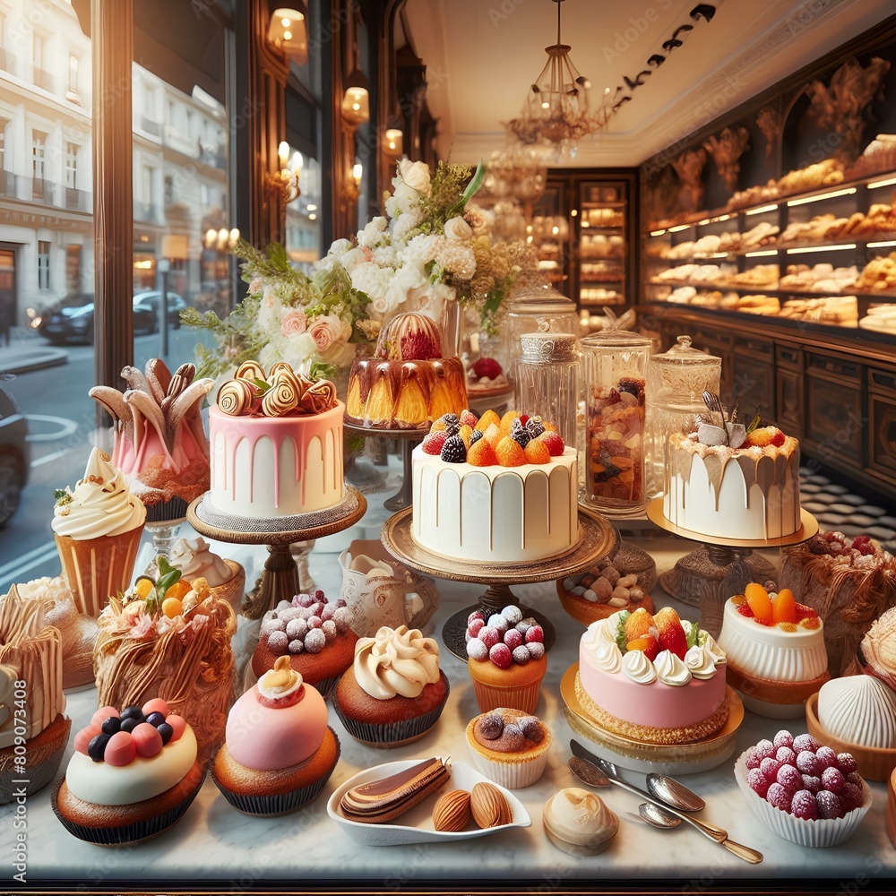 Naklejka premium Exquisite french patisserie Showcasing Delectable Desserts in Window Display Pastry Shop.