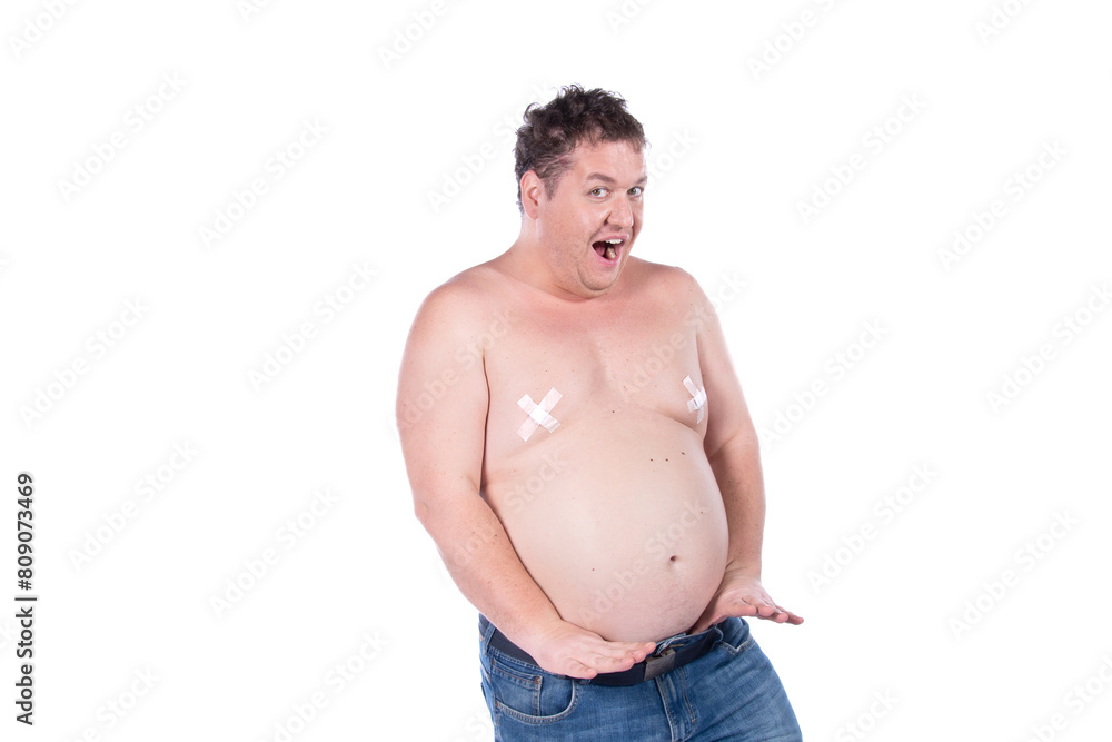 Vulgar fat man posing on a white background. Vulgar fat man posing on a white background.