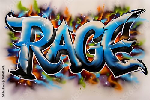 Rage word graffiti style letters with chrome effect. Spray painted tag, street art design. Wallpaper and background resource.