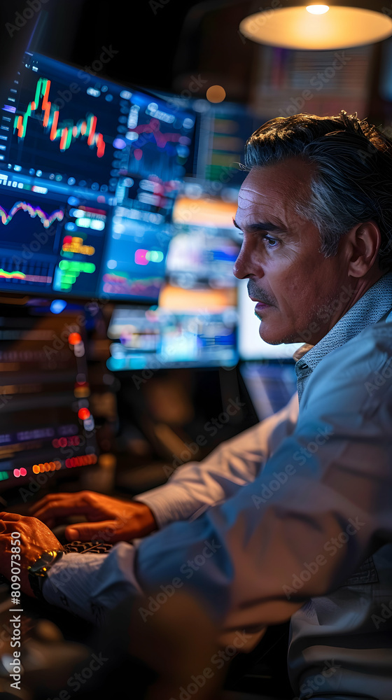 Professional Trader Examining Real-Time Stock Charts on Multiple Monitors for Buying and Selling Opportunities - Photo Stock Concept