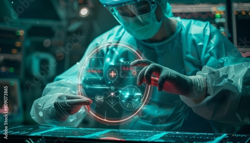 Closeup half body of a surgeon with Glow HUD big Icon of medical tools, performing a precise operation, on bright solid background in futuristic styles