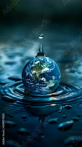 Clean Water Conservation: Photo-realistic Water Drop Icon with Globe Concept