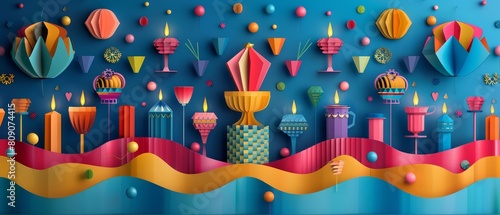 Creative and colourful paper art of a traditional Hanukkah celebration, illustrated in solid colors, perfect as a festive banner template