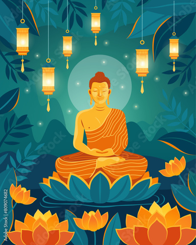 Golden buddha in meditation pose sitting in lotus. Lotuses in the water, lanterns, lamps, candles. Dark background, tropical forest. Happy Vesak Day Budha Purnima. Vesak concept for card or banner. 