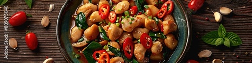Mouthwatering Stir Fried Morning Glory Dish with Vibrant Colors and Flavors on a Rustic Wooden Background