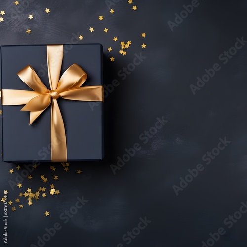 Dark blue gift box with gold satin ribbon on dark background. Generative AI. © Studicon