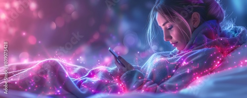 Girl sitting up in bed at night playing with a phone, sporting a black eye, soft lamp light casting shadows photo