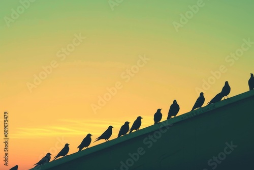 A group of birds are perched on a roof  with the sun shining down on them