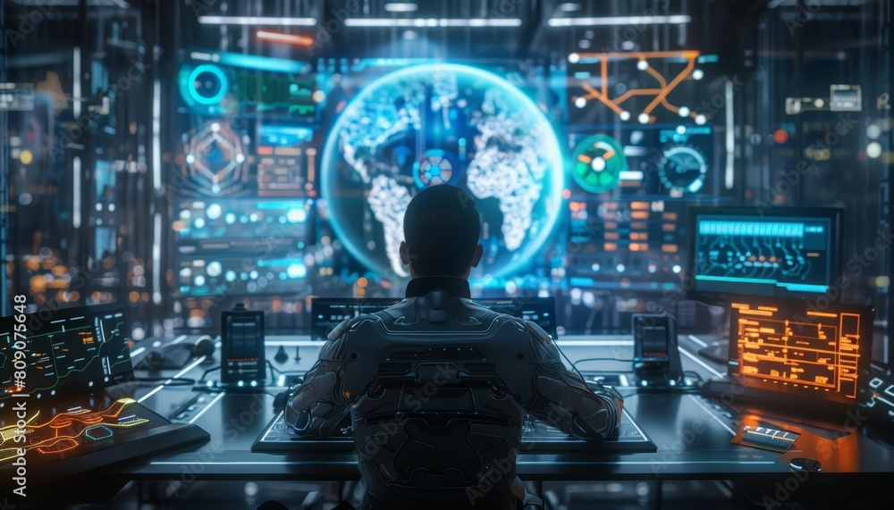 Futuristic concept of a computer that can predict the future in HUD styles, sharpen cinematic with copy space Futuristic concept of a computer that can predict the future in HUD styles, sharpen cinematic with copy space