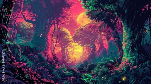Futuristic illustration Pop art color of a fantasy forest, bringing mythical creatures to life in cyberpunk color, synth wave