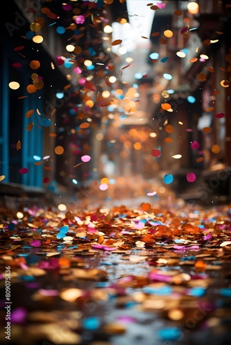 Golden confetti falling on the street in London  UK. Horizontal
