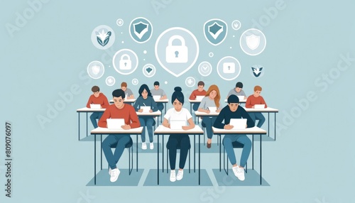 The flat design illustration of students taking exams on their devices in a bright  minimalist setting  complete with security icons floating around to emphasize exam security.