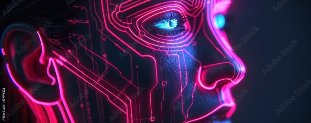 Fototapeta premium Futuristic neon cybernetic face profile