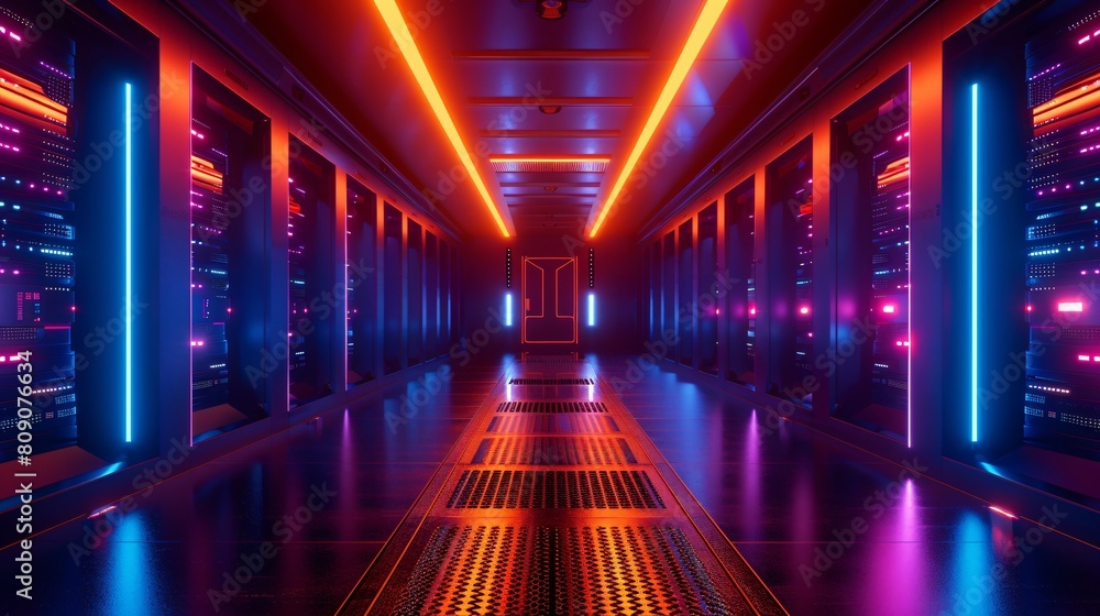 Neon Red and Blue Lit Data Center Hall
