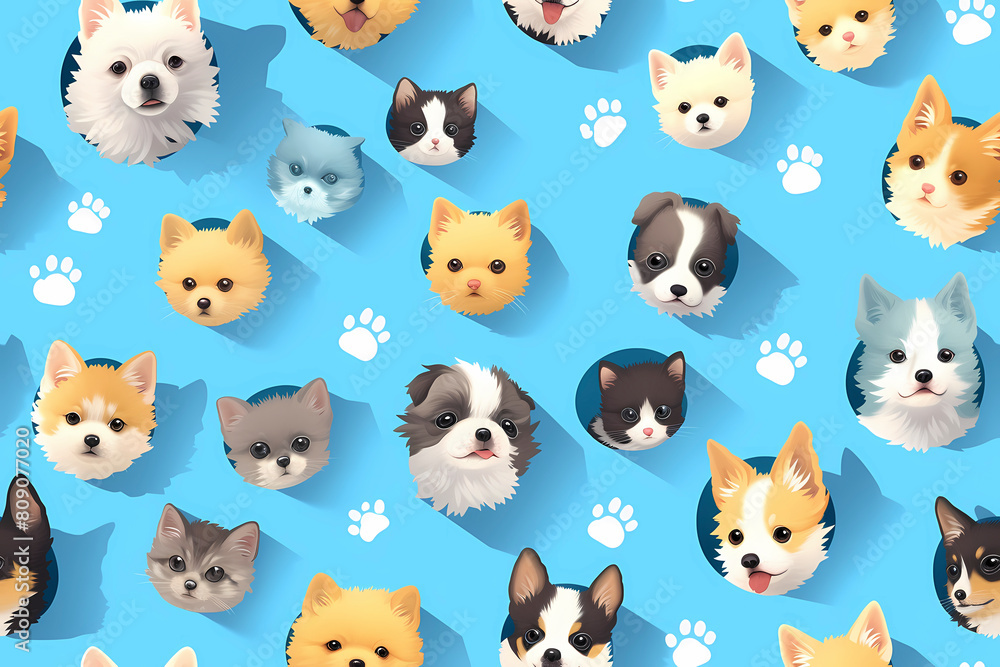 Seamless pattern with cute dogs and cats on blue background.
