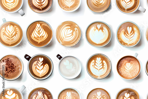 seamless Coffee cups with latte art pattern on white background.